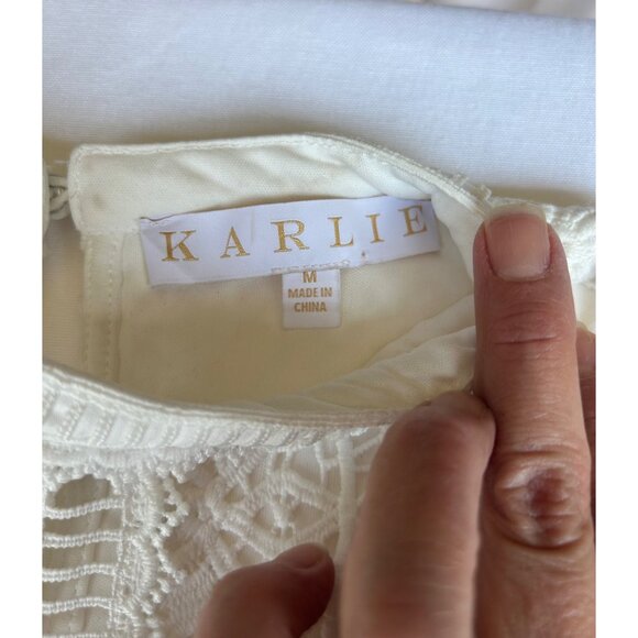 White Chiffon Crochet Mini Dress Sz M Exaggerated Balloon Sleeve Pleated Whimsy - Picture 8 of 13